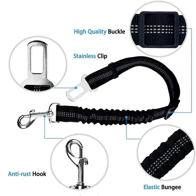 SecureDrive Pro – Adjustable Reflective Dog Car Seat Belt with Elastic Shock Absorption