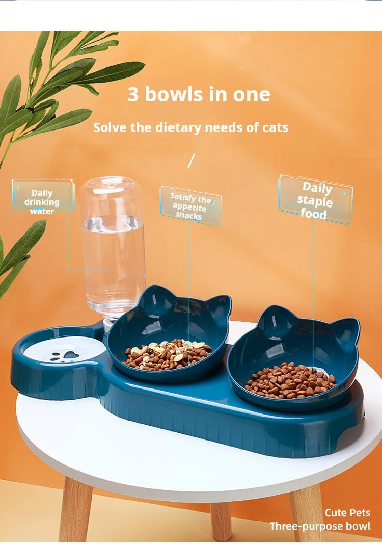 BritPaws 3-in-1 Tilted Cat Bowl Set with Gravity Water Feeder